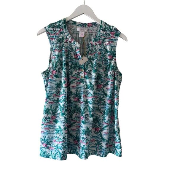 Stella Parker Sleeveless Print Palm Trees Turquoise Beach Top SZ XL # 2510 - Picture 1 of 13